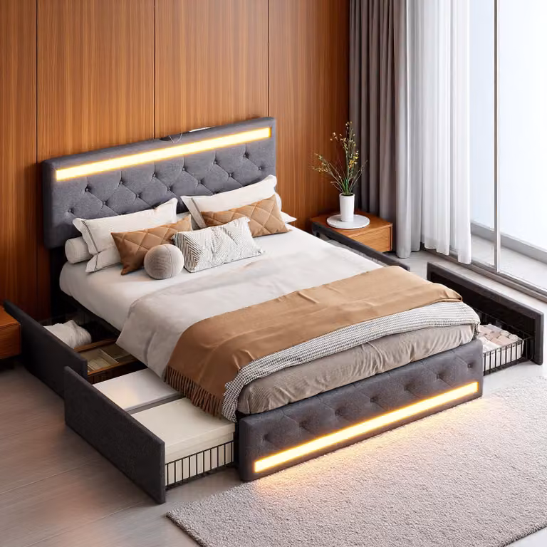 Letto imbottito INONEFT, 180x200 cm, moderno letto con box contenitore, dotato di LED e USB, letto matrimoniale con 4 cassetti contenitori, senza materasso, rivestito in lino color grigio scuro