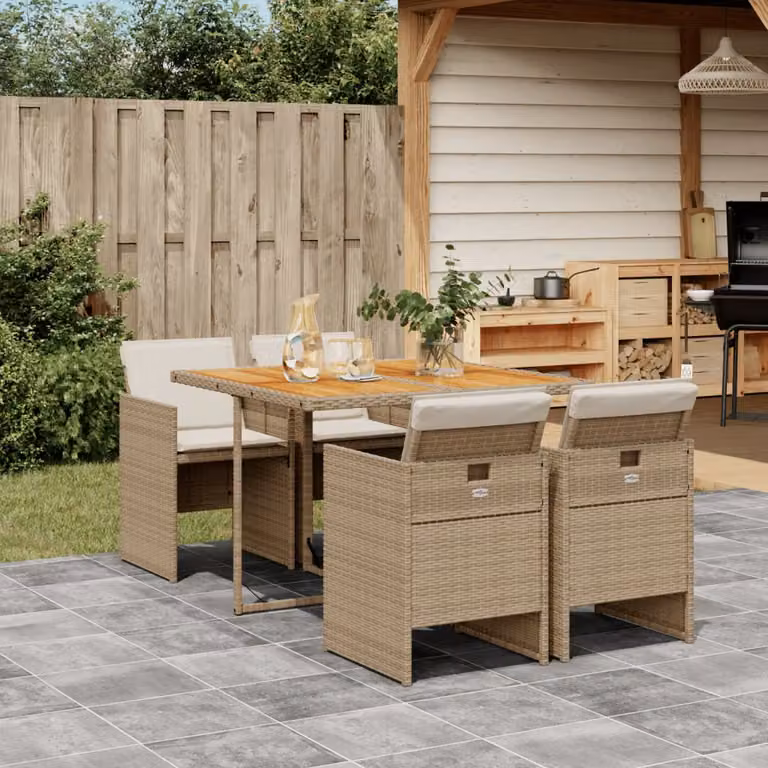 Set da Pranzo da Giardino vidaXL in Polyrattan e Legno di Acacia con 5 Cuscini Beige e Marrone