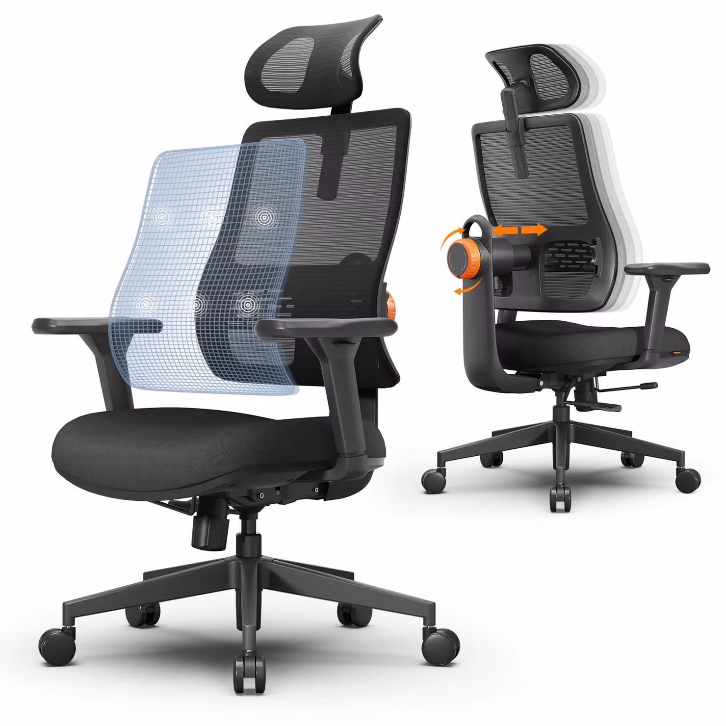 Sedia da ufficio ergonomica: schienale con regolazione automatica, poggiatesta regolabile, profondità della seduta regolabile, supporto lombare adattivo, braccioli 3D, ruote