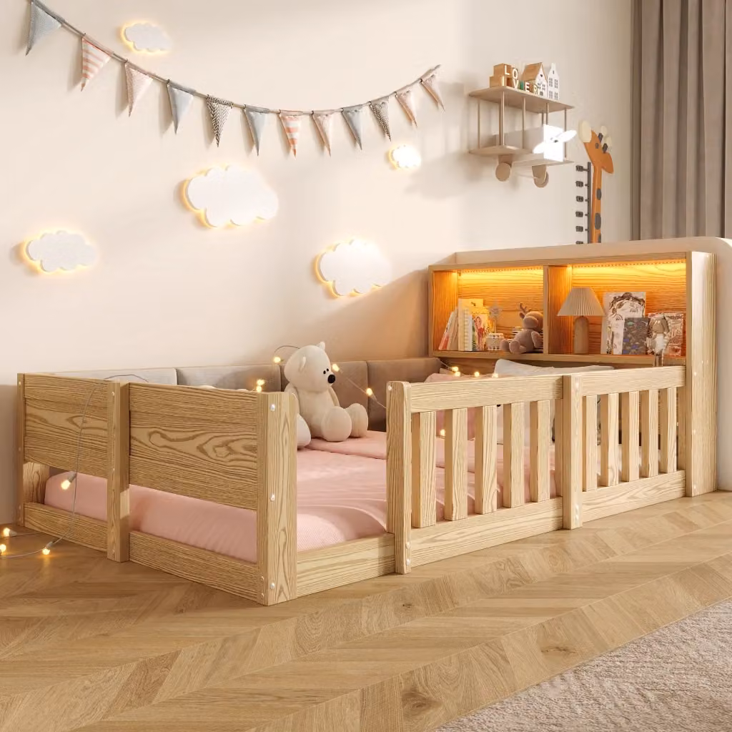 Letto Mivray per bambini con testiera contenitore, sponde rialzate e illuminazione LED multicolore, colore beige, L/P/H: 90 x 200 x 120 cm – 2