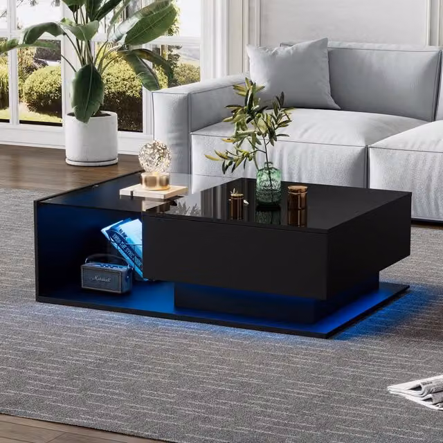 Tavolino da salotto Zephmum nero lucido con piano in vetro e LED, stile moderno, L: 100 cm, P: 50 cm, H: 32 cm