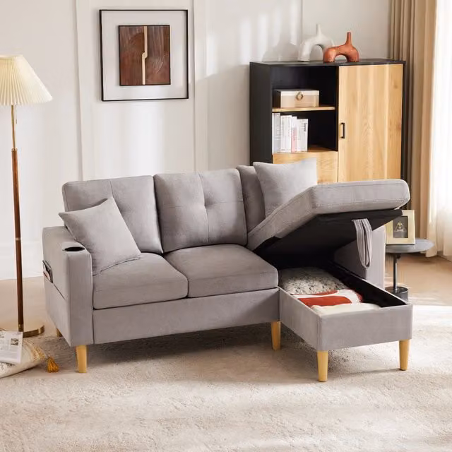 Sofa angolare moderno WISHDOR a L con chaise longue reversibile, 3 posti, contenitore con seduta sollevabile e 2 cuscini, grigio, L/P/H: 175 x 129 x 90 cm