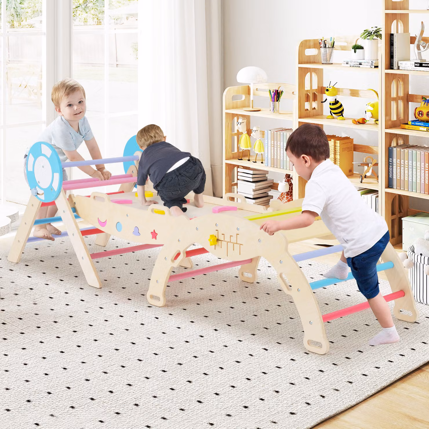 Set Montessori 8 in 1 Costway in legno multicolore con scivolo, scala ad arco e labirinto pieghevole per arrampicata e palestra interna per bambini