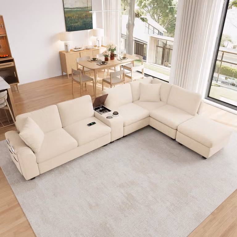 DIVANO MODULARE XXL, 6 posti, 311x139x85 cm, divano angolare a forma di "U", divano relax con spazio contenitivo, porta USB/Type-C e imbottitura a molle insacchettate, rivestito in tessuto, colore beige