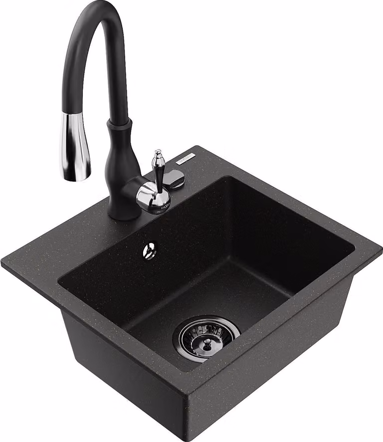 Mexen Milo lavello in granito a 1 vasca con rubinetto da cucina Savita, nero/oro metallizzato- 6505-75-672601-70-B