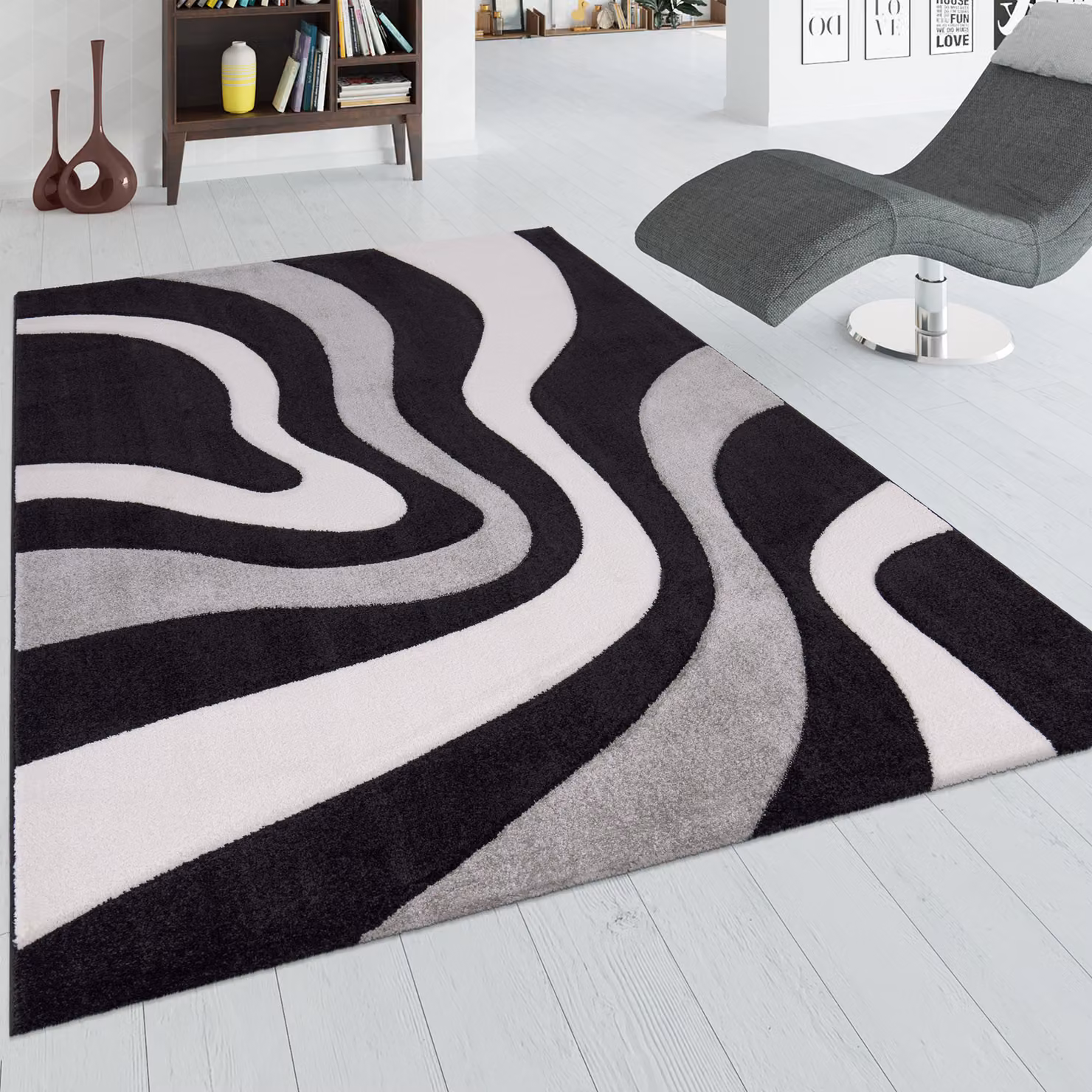 Tappeto moderno Diamora nero con effetto alto-basso, rettangolare, L: 150 cm, P: 80 cm – 4