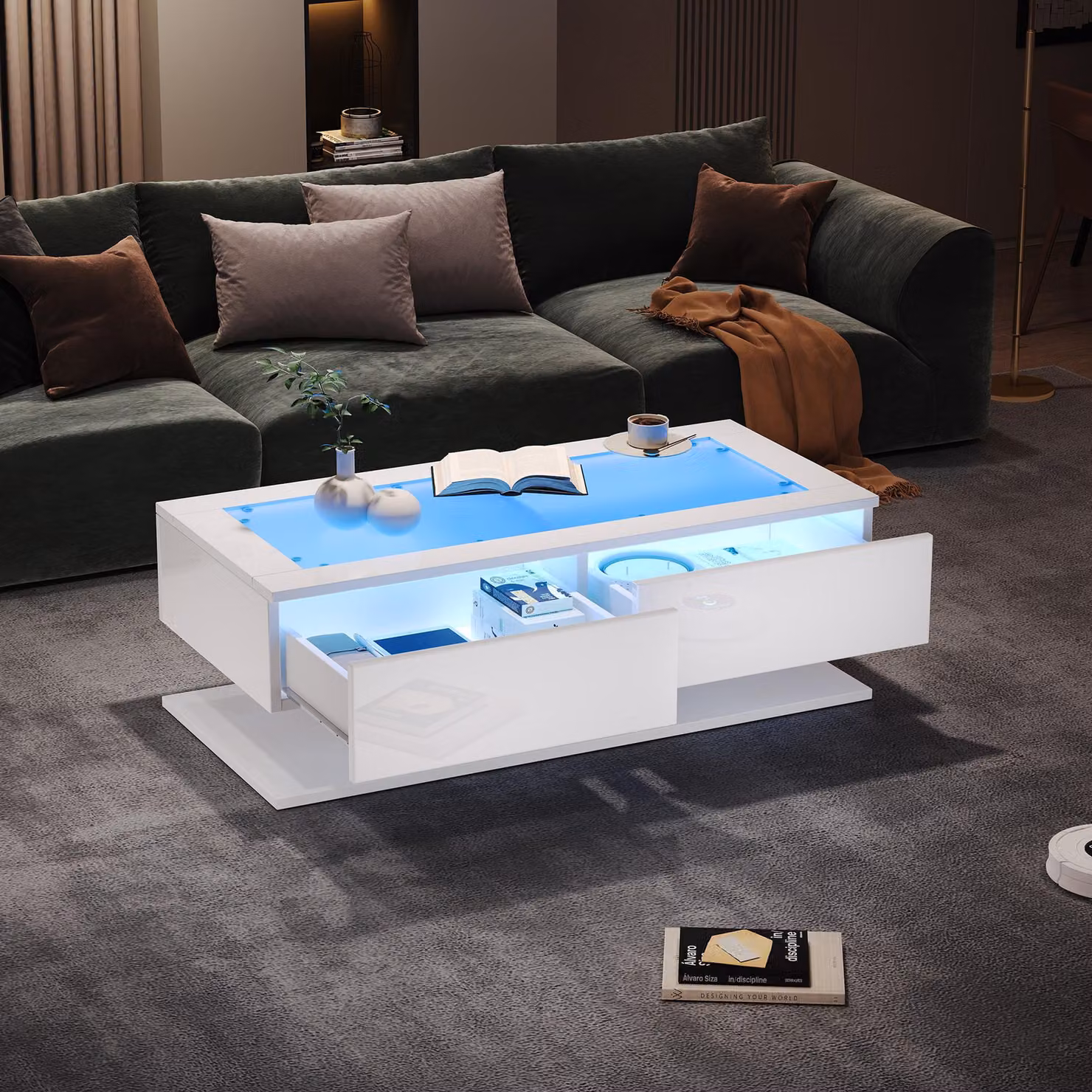 Tavolino Sweiko 100x50x35cm, tavolino da divano lucido, tavolino da salotto con cassetti, tavolino con luce LED, piano in vetro, bianco