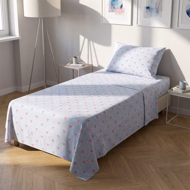 Completo letto singolo righe fiocchi azzurro
