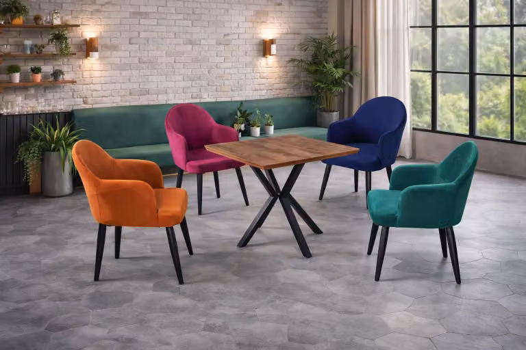 Tavolo con 4 sedie, stile moderno, colore marrone, versatile e confortevole, ideale per la sala da pranzo