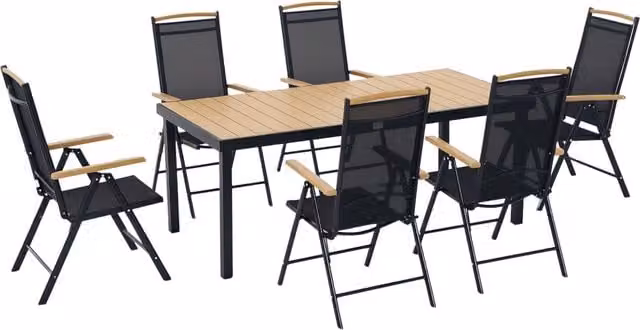 Set da giardino per 6 persone in alluminio nero tavolo 190 cm e 6 sedie pieghevoli reclinabili da esterno