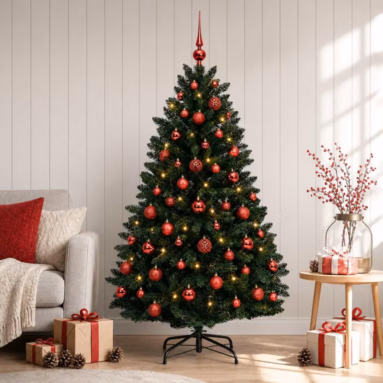 Albero di Natale artificiale, verde scuro, con decorazioni a forma di palline, altezza 150 cm