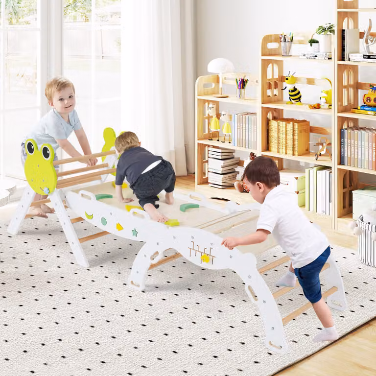 Set Montessori in Legno Costway per Bambini con Rampa e Labirinto a Tema Rana, Bianco