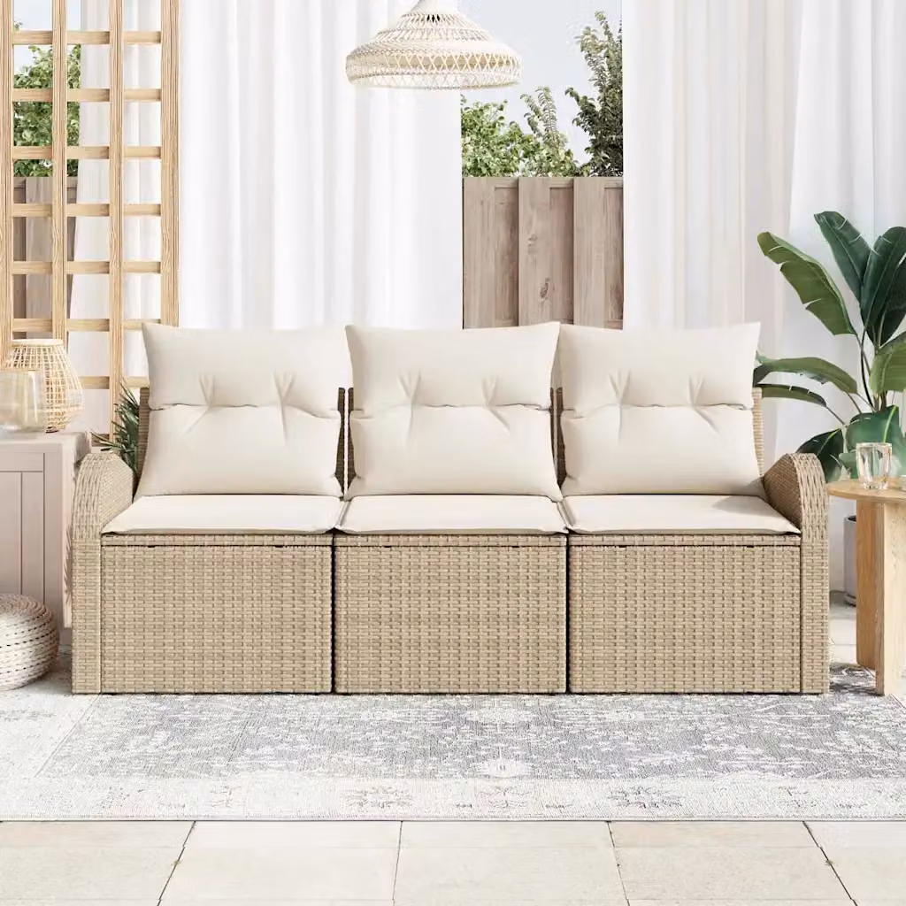 Set Divano da Giardino 3 Pezzi vidaXL in Rattan e Metallo con Cuscini Beige e Bianco