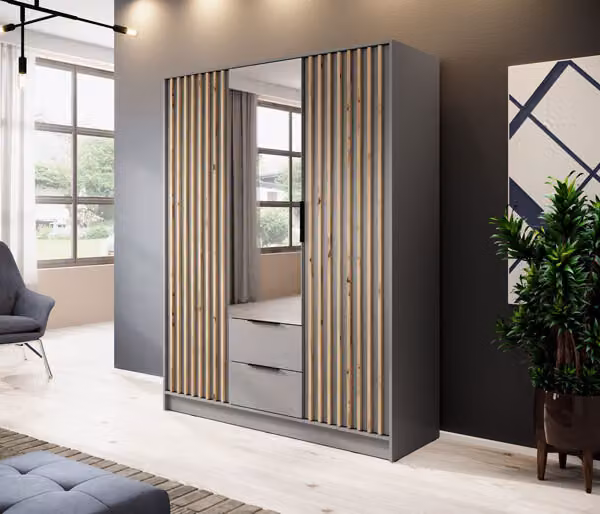 Armadio "Nelly" ad ante battenti grigio rovere Artisan larghezza 155 cm