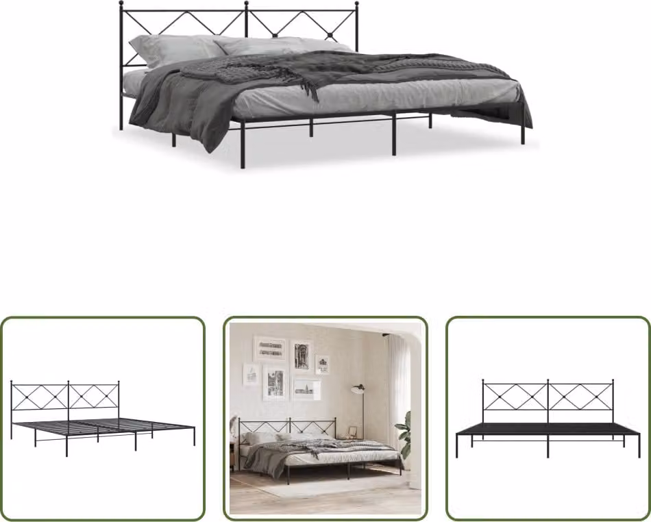 The Living Store Struttura letto con testiera in metallo nero 200x200 cm