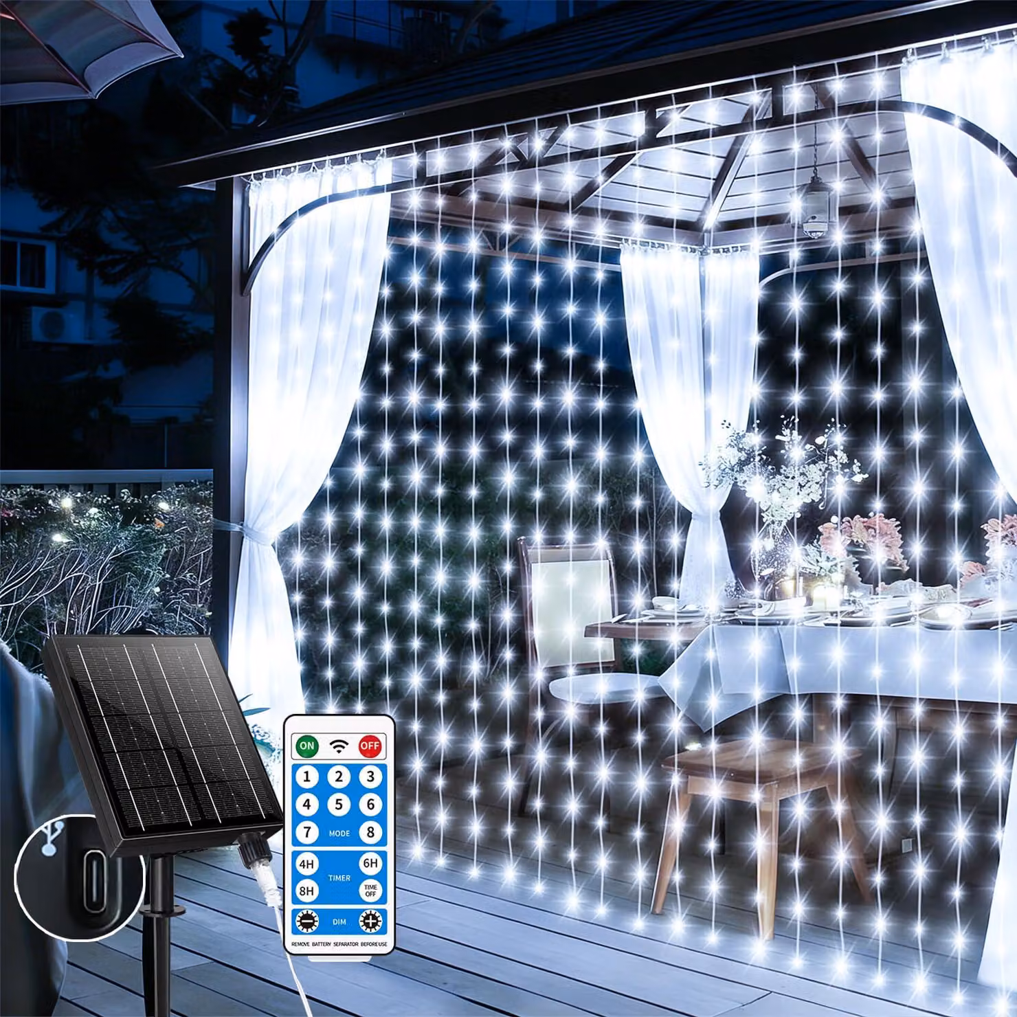 Tenda luminosa solare, 6x3 metri, 600 LED, 8 modalità, telecomando, timer