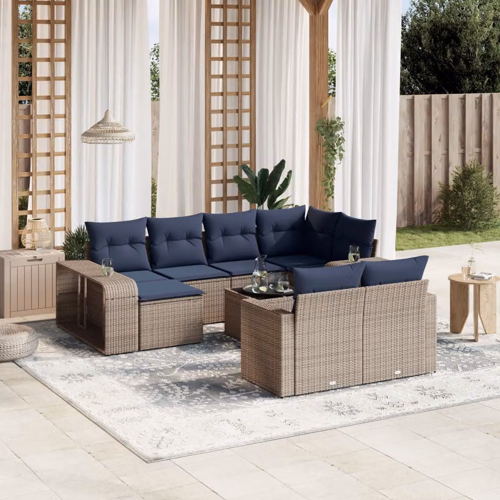 Set di divani da giardino vidaXL in polyrattan grigio con 11 pezzi e cuscini inclusi