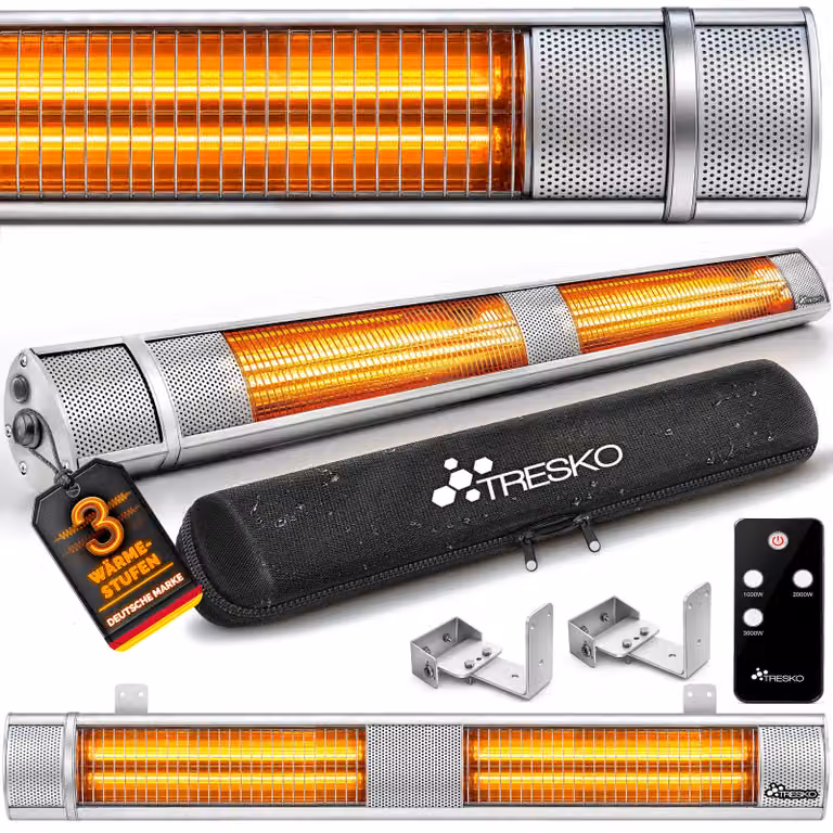 TRESKO riscaldatore radiante a infrarossi 3000W argento con telecomando e copertura | riscaldatore da patio elettrico con 3 livelli di riscaldamento | riscaldatore da patio per interni e per esterni | riscaldatore radiante a parete riscaldatore a infraros
