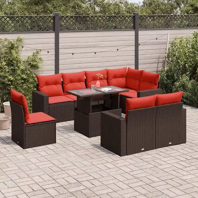 Set Divani da Giardino 9 pz con Cuscini Marrone in Polyrattan 3267414