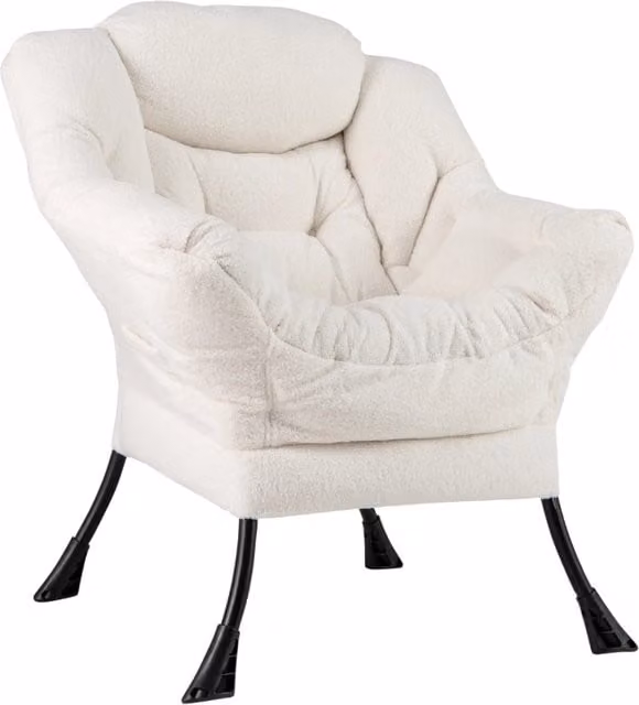 Poltrona lounge moderna in tessuto boucle beige con struttura in metallo e braccioli per soggiorno o ufficio in casa