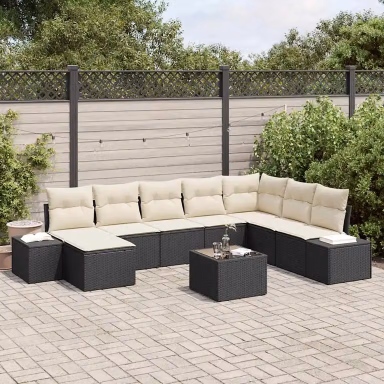 Set Divano da Giardino Moderno vidaXL in Polyrattan Nero con Cuscini e Tavolino da 9 Pezzi