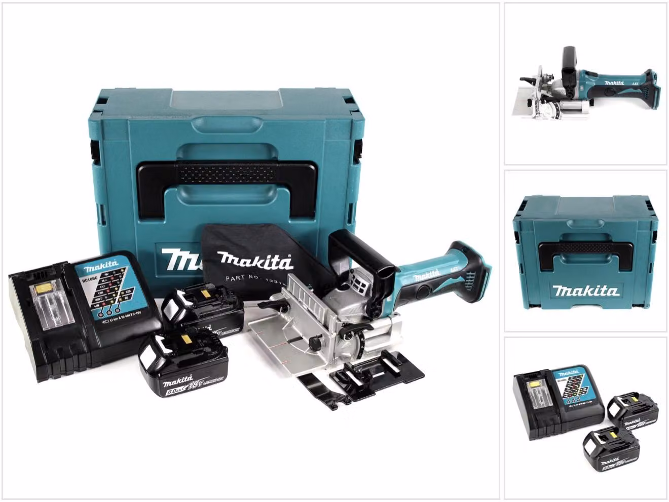 Makita DPJ 180 RTJ Fresatrice intestatrice a batteria 18V in valigetta Makpac + 2x Batterie 5,0 Ah + Caricabatterie