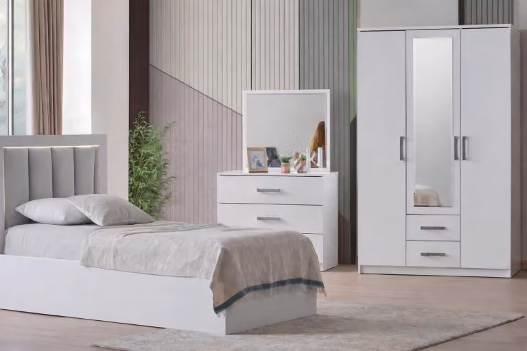 Set completo per camera da letto per adolescenti, composto da: letto, armadio e tavolino da trucco, dal design elegante