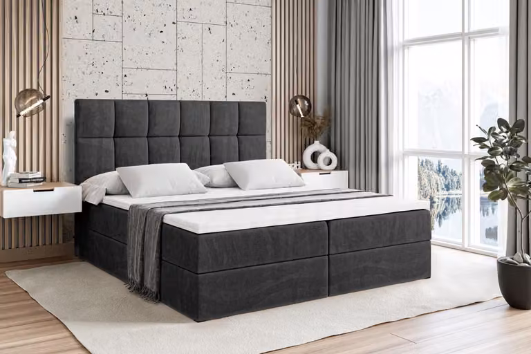Letto boxspring ALTDECOR con materasso e rete a doghe - RICAR - 180x200 cm - Velluto nero - Letto boxspring, topper, letto imbottito con contenitore, letto con contenitore H4 - Materasso, letto matrimoniale, letto boxspring