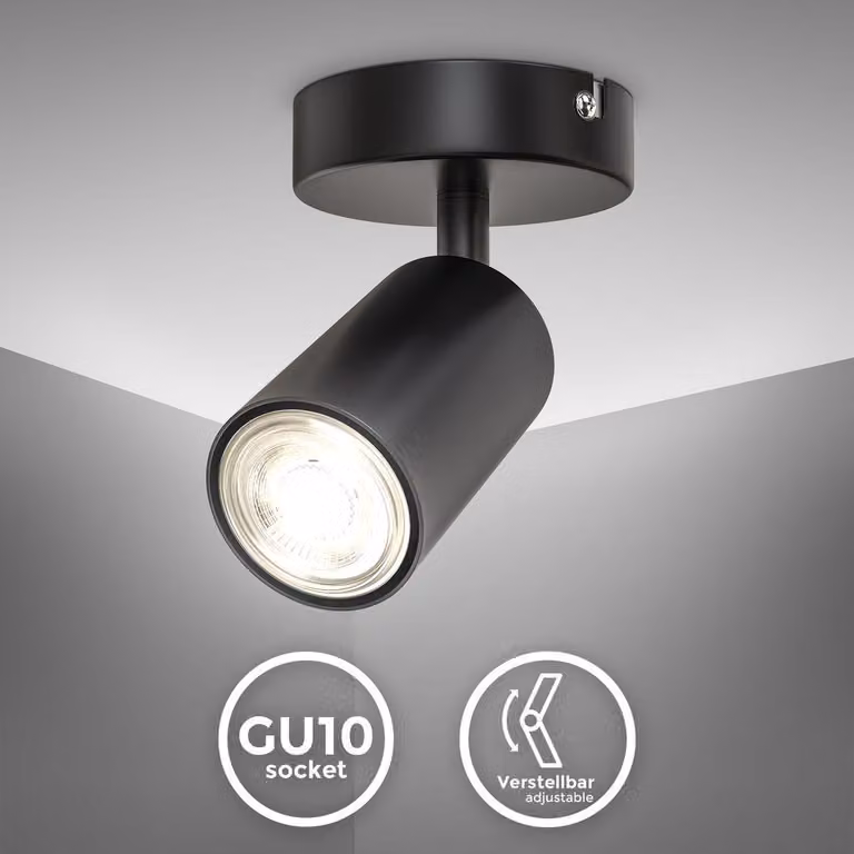 B.K.Licht Faretto da parete o soffitto orientabile, attacco per lampadina GU10 non inclusa, plafoniera in metallo nero opaco, lampada da soffitto per ingresso, applique per camera da letto o corridoio