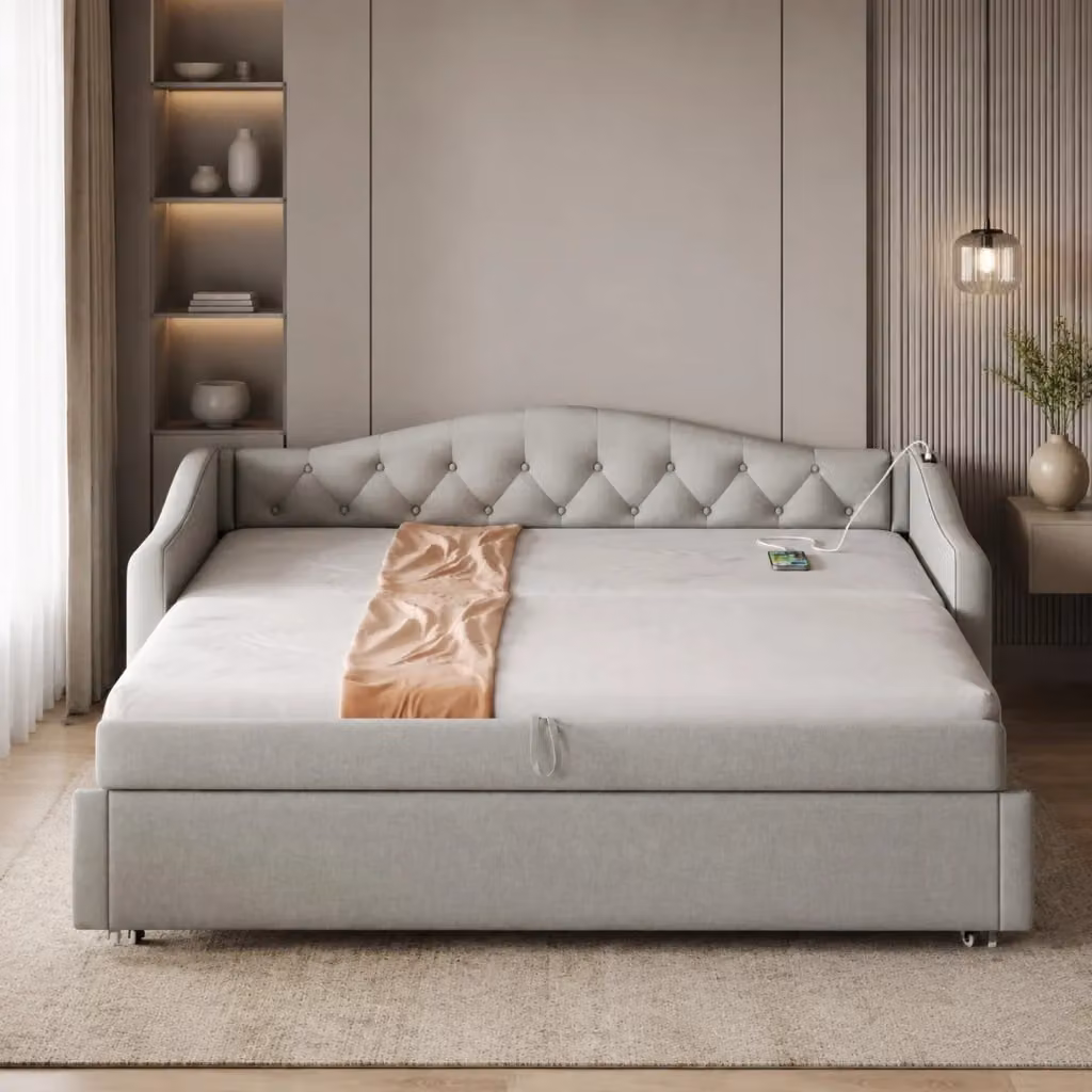 Divano letto MIVRAY con porta USB e rete a doghe, rivestimento in tessuto grigio, L/P/H: 90 x 200 cm – 2