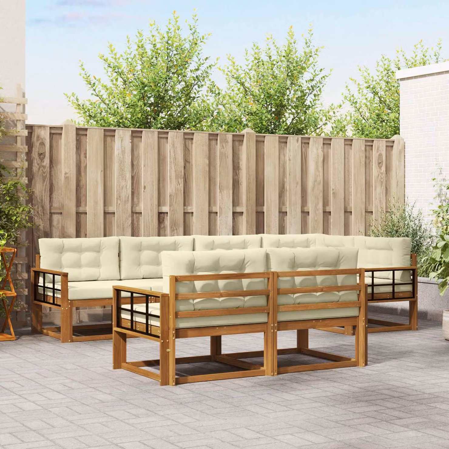 Set di divani da esterno vidaXL a forma di U in legno di acacia con cuscini, beige e marrone