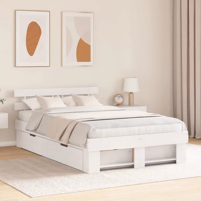 Struttura del letto moderna vidaXL in pino massello bianco con cassetti L/P/H: 198 x 138.5 x 73 cm