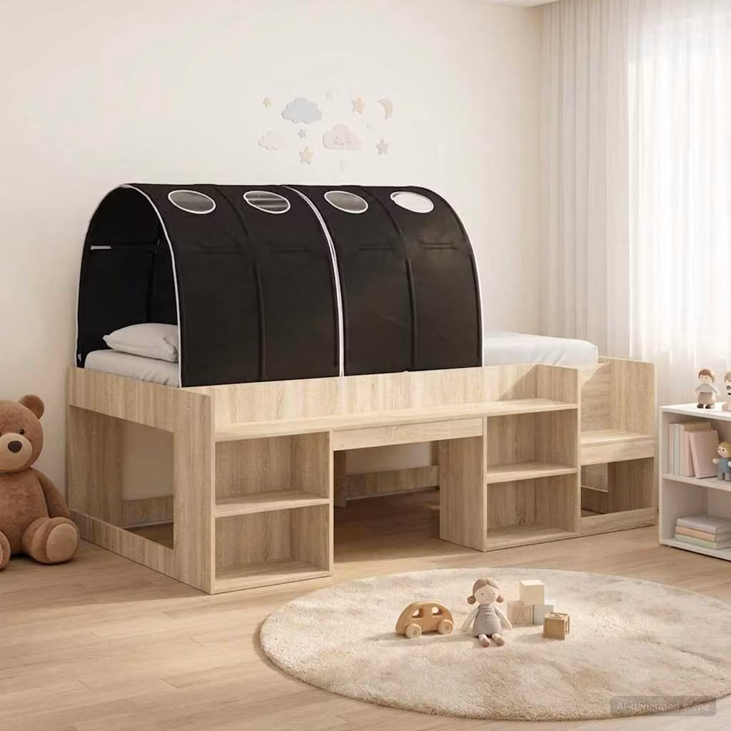 Letto per bambini con tunnel vidaXL in legno ingegnerizzato, Rovere Sonoma e Nero, L/P/H: 193 x 103,5 x 65 cm