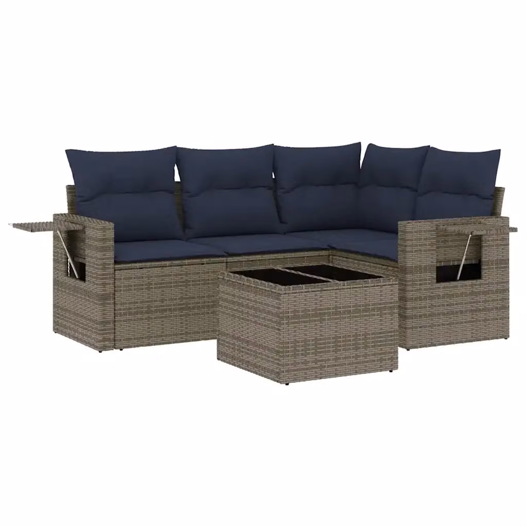 Set da giardino moderno vidaXL composto da 5 pezzi con divano a L, tavolino da caffè e cuscini in polyrattan grigio e blu con struttura in acciaio verniciato a polvere – 2