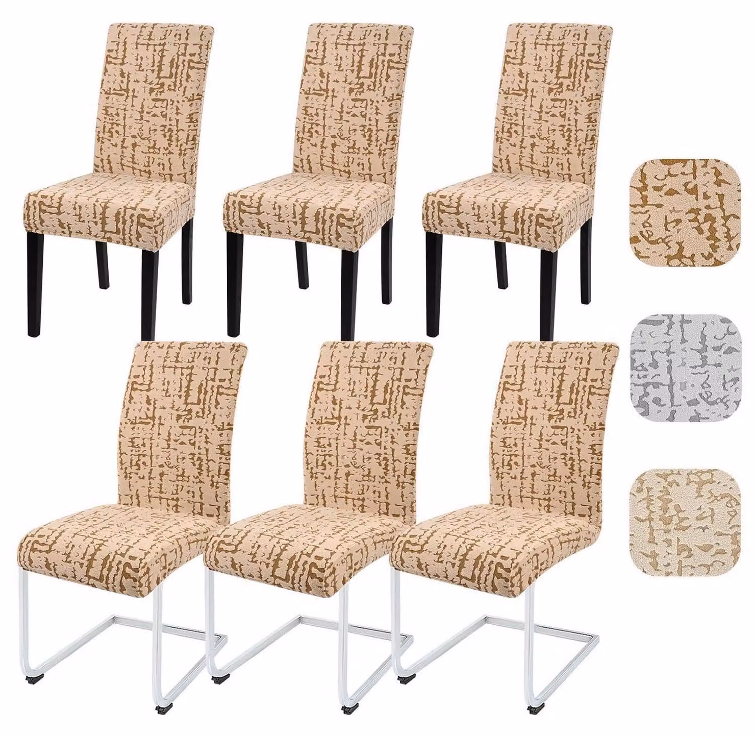 Copri sedie, set da 6 pezzi, universali, elasticizzati, in tessuto jacquard color cammello, lavabili, adatti per sedie da pranzo