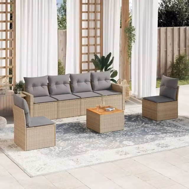 vidaXL Set Divano da Giardino 7 pz in Polyrattan con Cuscini Beige e Grigio per Terrazza e Giardino – 1