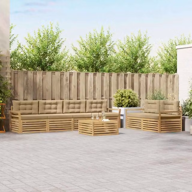 Set di divani da esterno a forma di U vidaXL in legno di acacia con tavolo da caffè, 7 pezzi, Bianco e Beige – 1