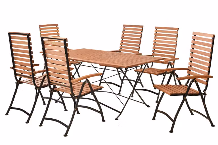 Set di mobili da giardino Merxx Schlossgarten 7 pezzi, 6 sedie pieghevoli, 1 tavolo pieghevole 160 x 90 cm - acciaio piatto/eucalipto