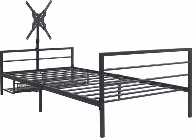 Letto da gioco nero in metallo con supporto monitor regolabile, illuminazione LED e cesti portaoggetti sotto il letto, 206 cm di lunghezza