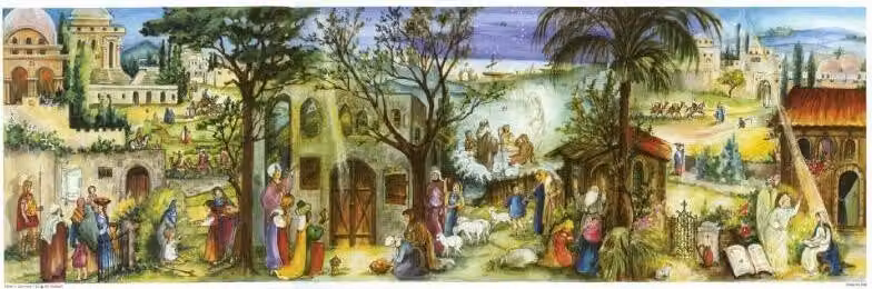 Calendario dell'Avvento a tema natalizio con immagini panoramiche e narrazione della storia della Natività, con dettagli scintillanti