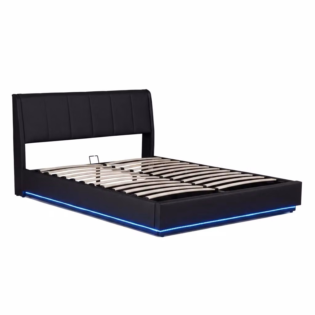 Letto Matrimoniale Contenitore Tröstiar en.casa con Apertura a Ribalta, Luce LED e Rivestimento in Similpelle Nero, L/P: 160 x 200 cm – 2