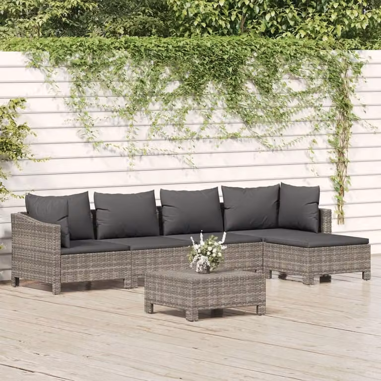 The Living Store Set da giardino da 6 pezzi con cuscini in poly rattan grigio