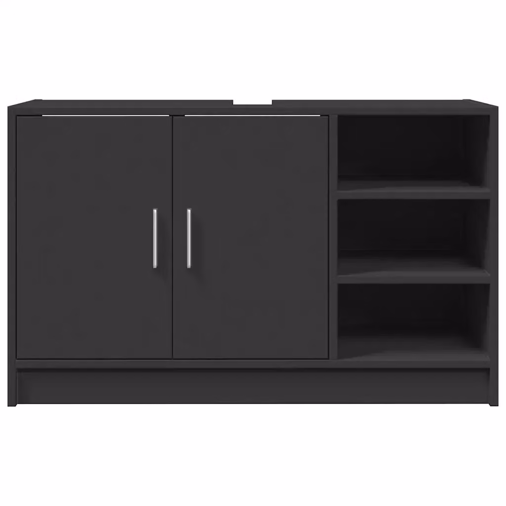 Mobiletto sottolavabo moderno HELLOSHOP26 nero opaco con vani a giorno e 2 ante in legno composito L: 90 cm, P: 29 cm, H: 55 cm – 2