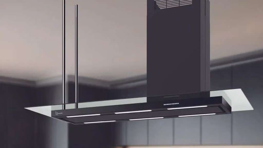 Cappa a isola Baraldi Elea Style con vetro, colore nero, larghezza: 146 cm, aspirazione 800 m3/h – 2