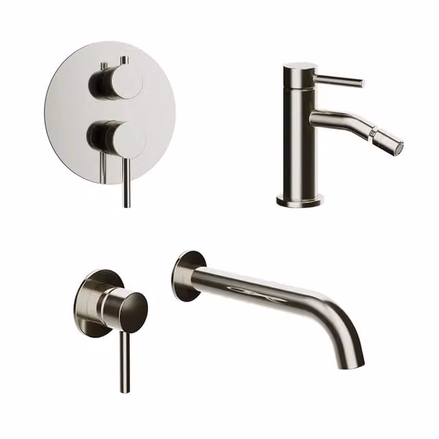 Set miscelatori: lavabo ad incasso bidet senza scarico e incasso doccia c/deviatore nickel spazzolato | Bette