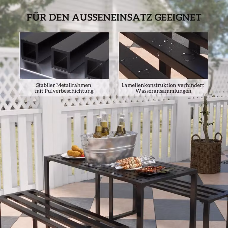 Set da 3 pezzi REDOM composto da tavolo rettangolare e 2 panche in metallo nero opaco L: 110 cm, P: 55 cm, H: 70 cm