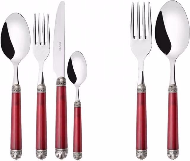 DORICO Ghiera Argento Anticato, Posate Set 50 Pz, Scatola Ghiera: Argento, Colore: Rosso
