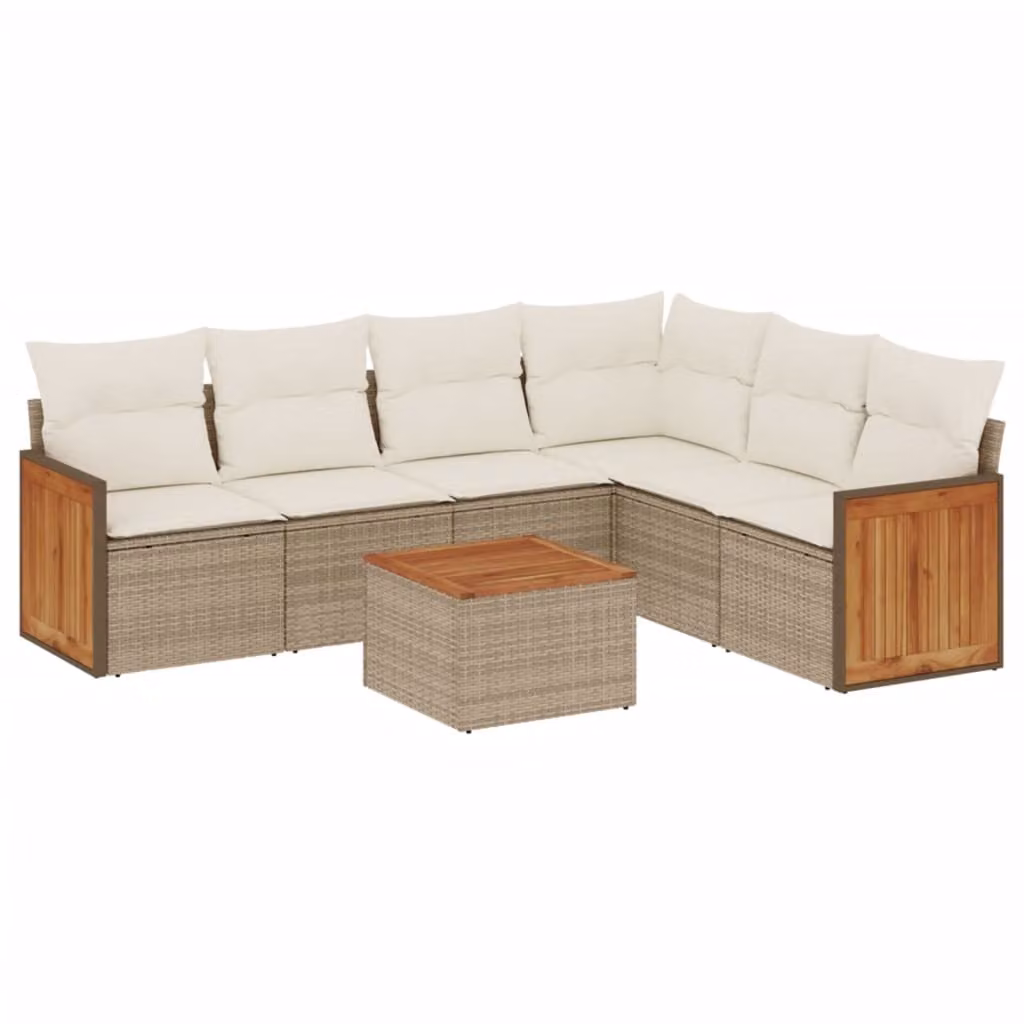 Set Divani da Giardino 7 pz con Cuscini Beige in Polyrattan