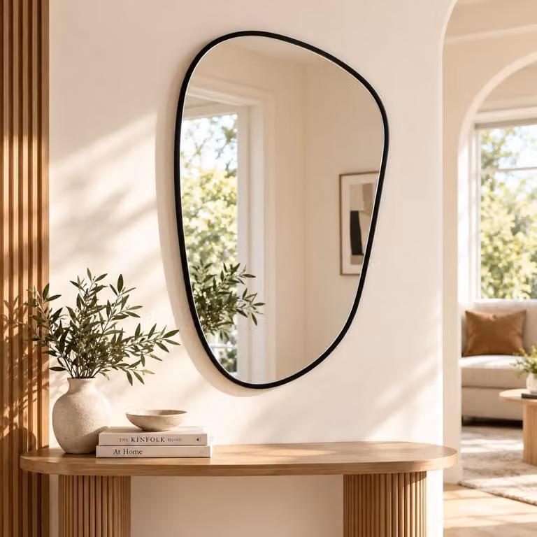 Specchio da parete asimmetrico, forma ovale, dimensioni 55 x 85 cm, superficie lucida