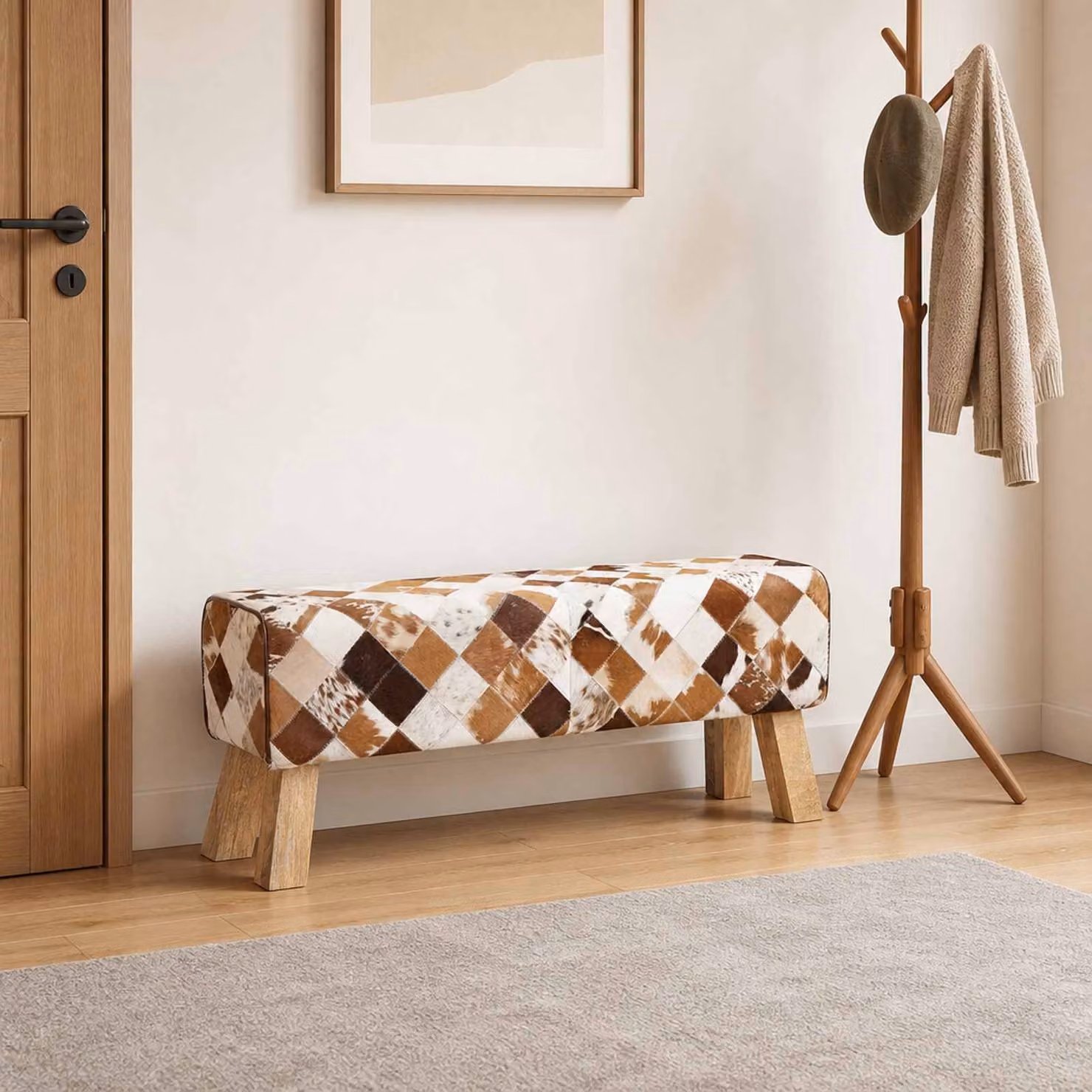 Panchina vidaXL in pelle vera marrone patchwork con struttura in legno L/P/H: 110 x 30 x 45 cm